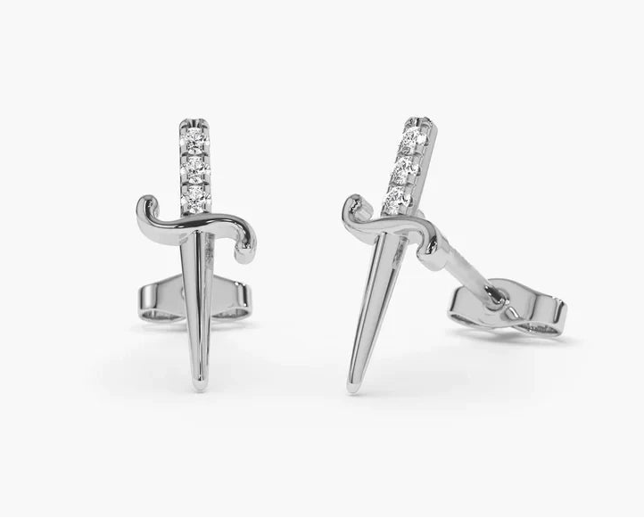 Genuine White Gold Authentic Diamond sword-shaped earrings with embedded stones on a white background, featuring the VLOVE brand.