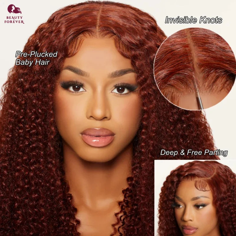 Red hair wig with close-up details on pre-plucked baby hair, invisible knots, deep parting, and free parting.