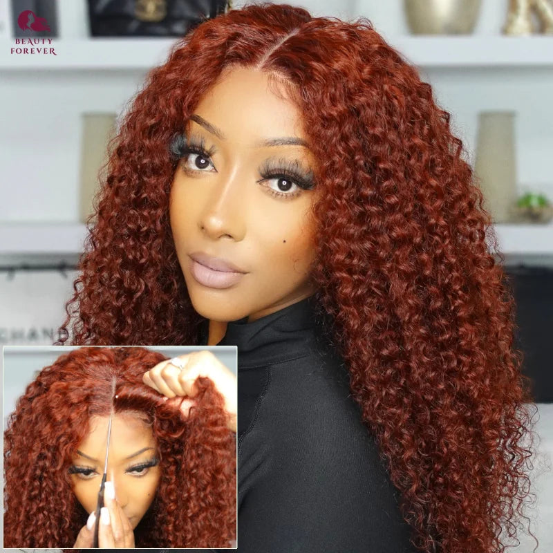 Woman with red curly hair styled in a wig, with close-up inset showing hair texture.