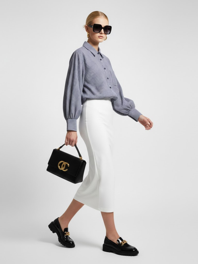 Gingham Check Shirt with Elastic Hem and Puff Sleeves • BYMANYC ® New York-1