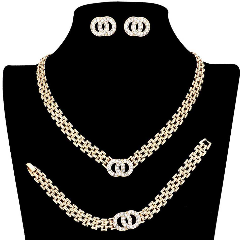 3PCS Stone Double Open Circle Link Necklace Jewelry Set