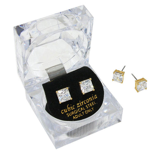 7mm Square Crystal Cubic Zirconia Stud Earrings in Clear Gift Box - Ready to Gift