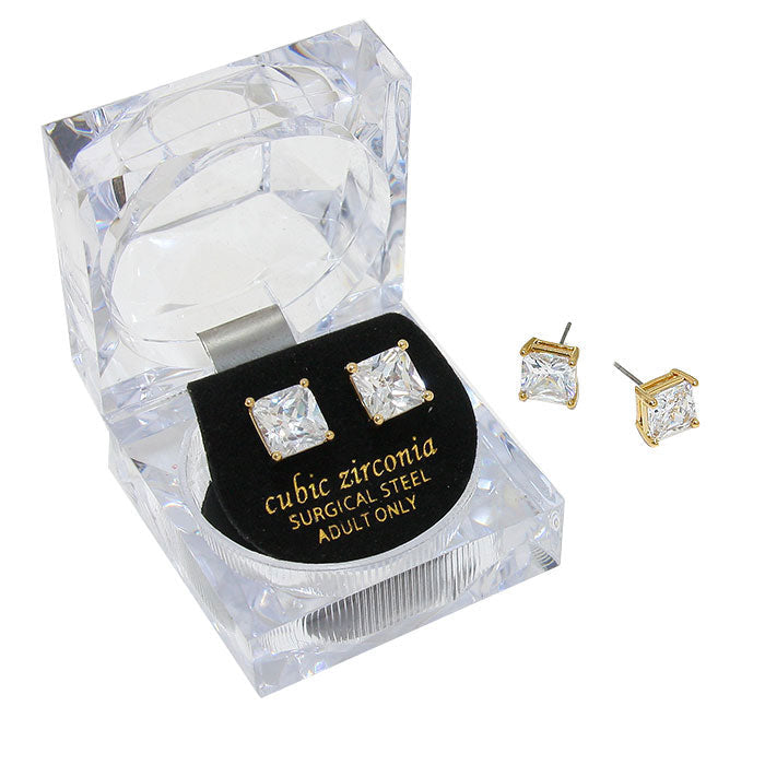 8mm Square Crystal Cubic Zirconia Stud Earrings in Clear Gift Box - Ready to Gift