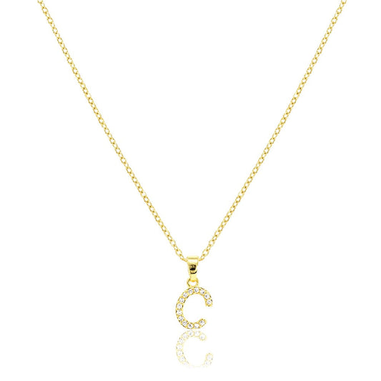 C Stainless Steel CZ Stone Paved Monogram Pendant Necklace