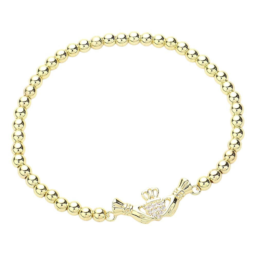 CZ Stone Paved Irish Claddagh Stainless Steel Ball Stretch Bracelet
