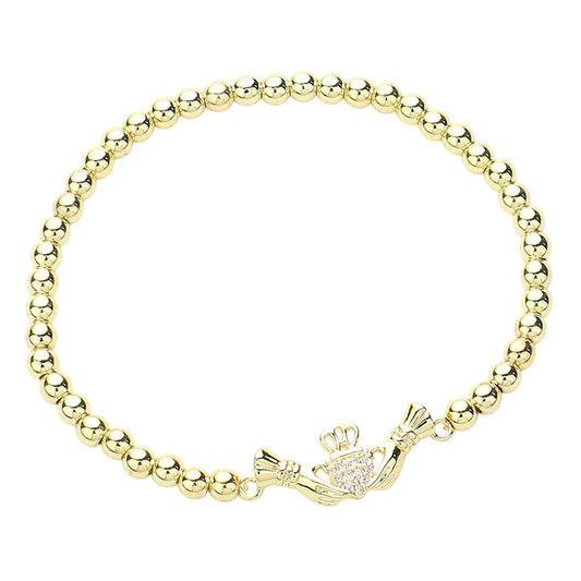 CZ Stone Paved Irish Claddagh Stainless Steel Ball Stretch Bracelet