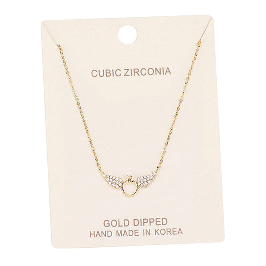 Gold Dipped Cubic Zirconia Wings Pendant Necklace