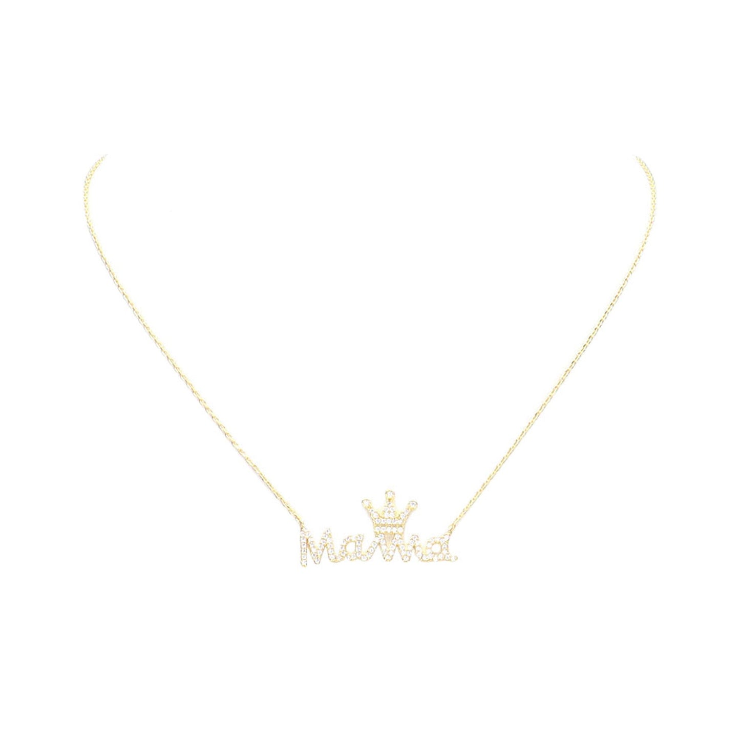 Gold Dipped CZ Crown MAMA Message Pendant Necklace
