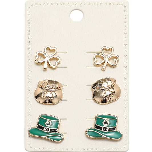 Metal St Patricks Clover Enamel Leprechaun Stud Earring Set