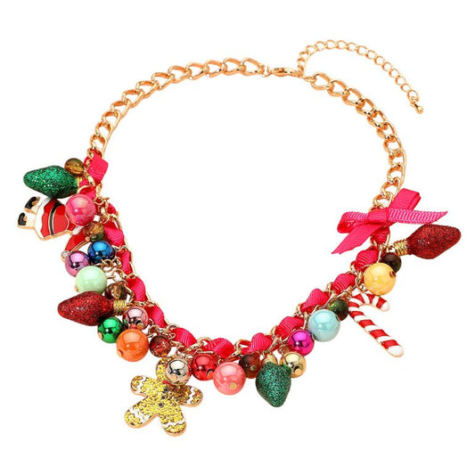 Holiday Santa Gingerbread Man Candy Cane Pearl Bow Charm Beaded Necklace