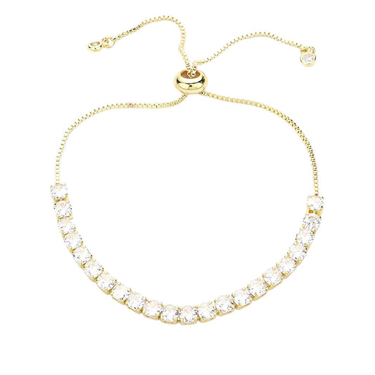 Stainless Steel CZ Stone Tennis Chain Pull Tie Adjustable Bracelet