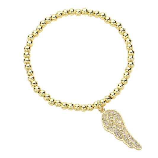 Stone Paved Wing Charm Stainless Steel Beaded Stretch Bracelet
