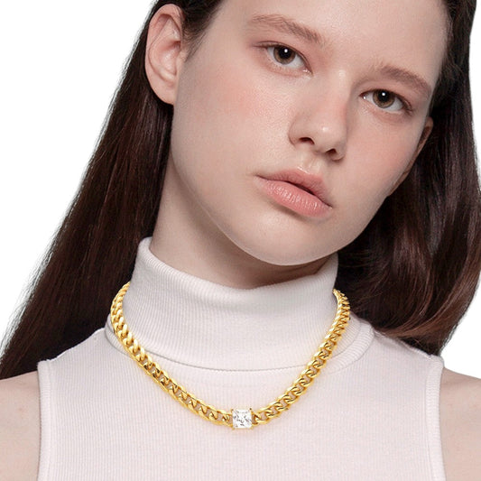 18K Gold Dipped Stainless Steel CZ Square Stone Necklace