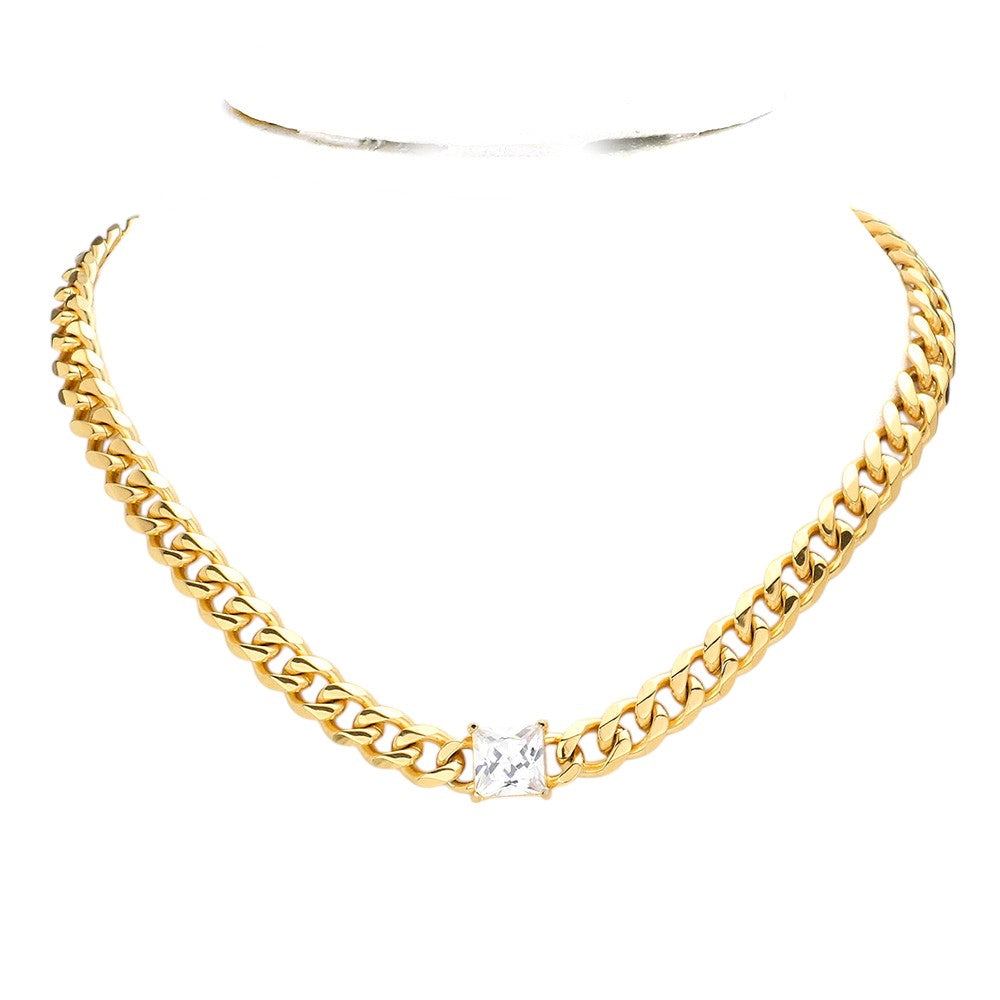 18K Gold Dipped Stainless Steel CZ Square Stone Necklace