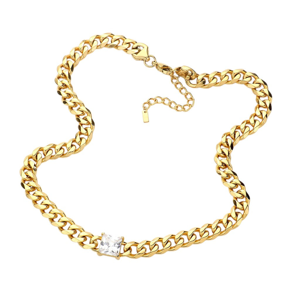 18K Gold Dipped Stainless Steel CZ Square Stone Necklace