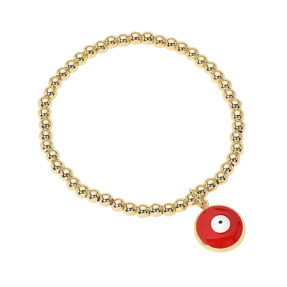 Stainless Steel Ball Evil Eye Charm Beaded Stretch Bracelet