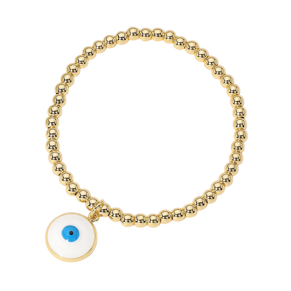 Stainless Steel Ball Evil Eye Charm Beaded Stretch Bracelet