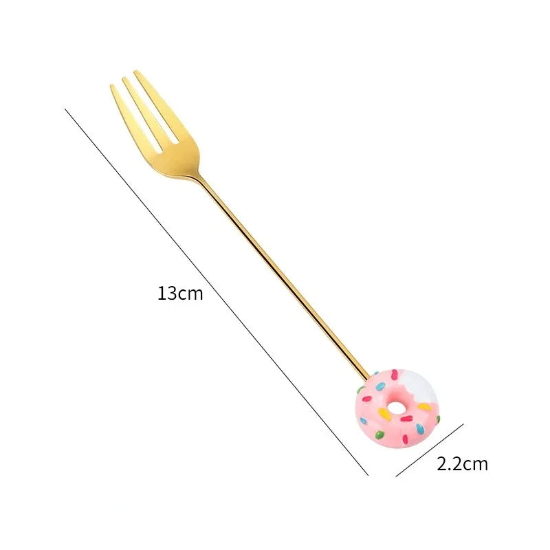 Gold fork with a donut-shaped handle on a white background, showing measurements. Gold-colored spoons and forks with colorful donut-shaped ends on a pink background teaspoons stirring spoons dessert fork dessert spoon mini utensils miniature fork and spoon set. Cute Donut Scooping Spoon + Fork (Stainless Steel Stirring Spoons Dessert Utensils)