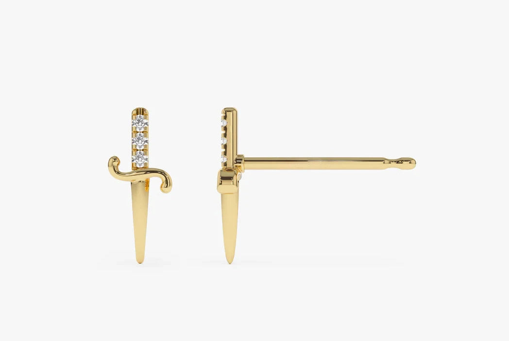 Gold earrings with genuine diamond stones 'VLOVE' branding on a white background