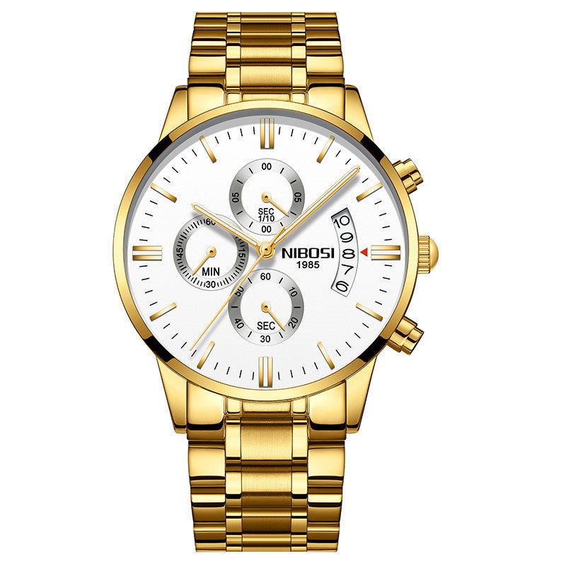 Gold mens luxury wristwatch with a white face on a white background