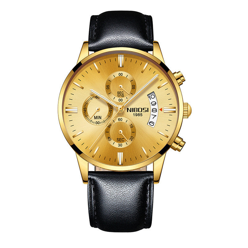 Gold mens luxury wristwatch with black leather strap on a white background