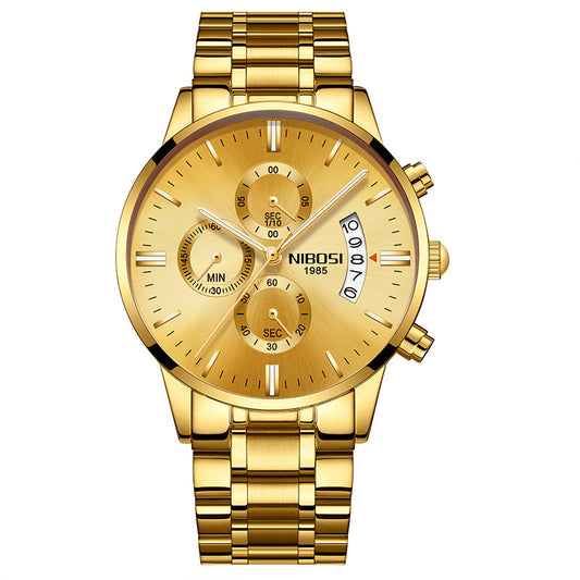 Gold mens luxury wristwatch with detailed face on a white background