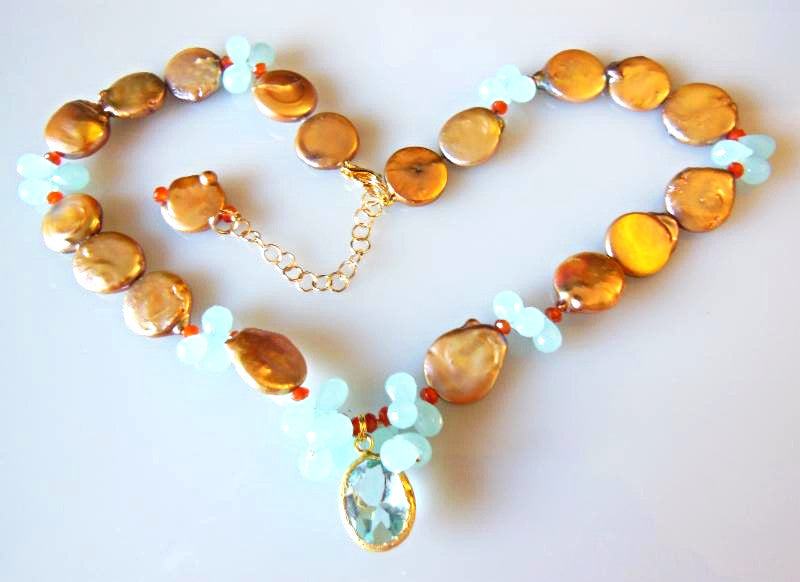 Aqua and Orange on tan coin pearls-0