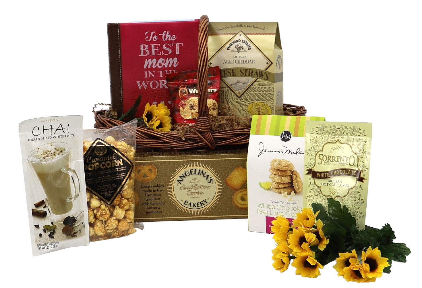 Gourmet gift basket with snacks, cookies, and a card on a white background. Gift basket with assorted items including hot chocolate mix, cookies, and a book, surrounded by sunflowers on a white background. Mother's Day Gourmet Collection for Mom, Wife, Girlfirend, Husband or Boyfriend, Crackers, nuts, gourmet spreads, n a beautiful asket and gift packaging Sorrento artisan hot chocolate mix, walers cookies, chai indian spice latte, angelina's bakery cookies and more. Gourmet special