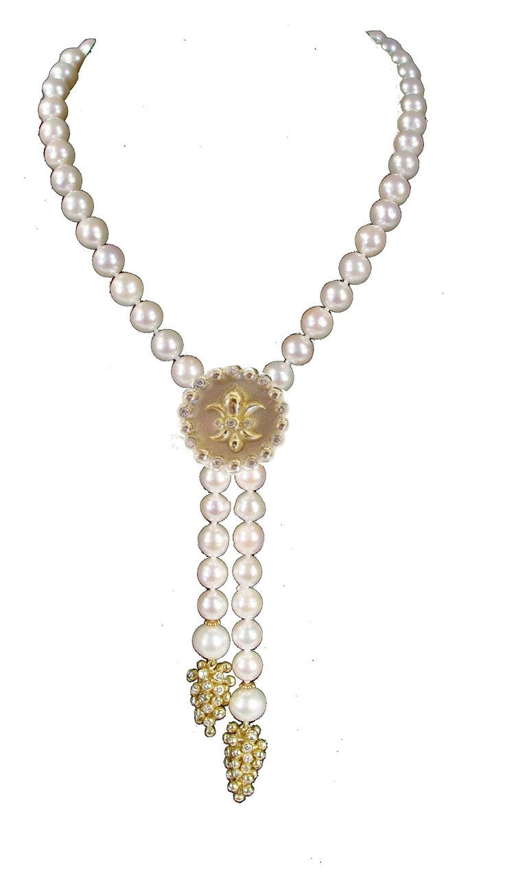 Fleur De Lis Pendant Necklace or Pearl Enhancer-Silver-18K Gold-Half Filled with Diamonds.-6
