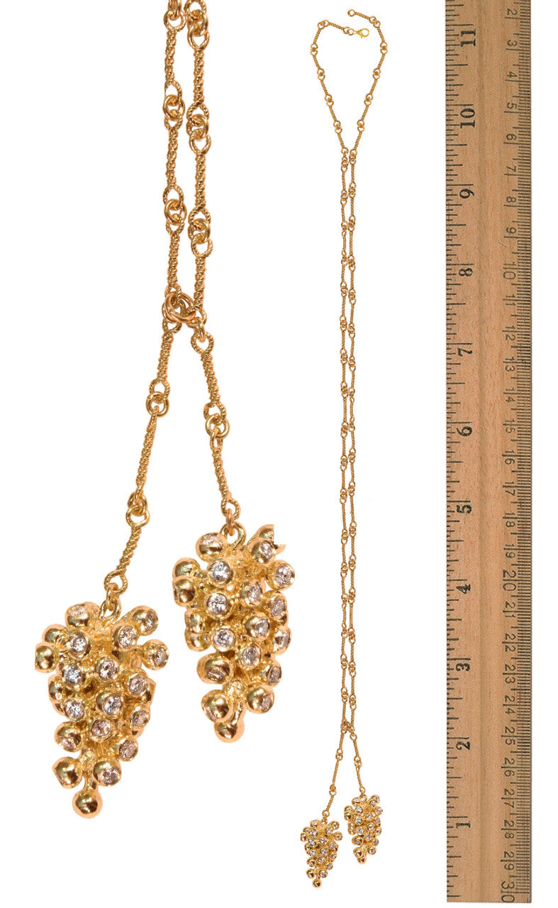 Grapes Necklace, 14K Gold with Diamonds: Lariat Style on Handmade Chain-1