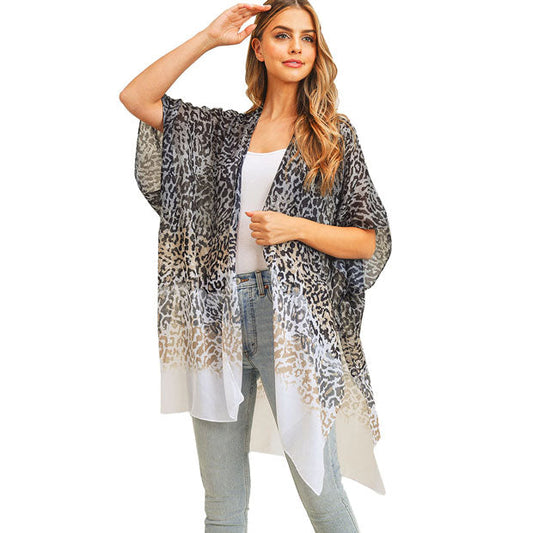 Multi Color Leopard Patterned Cover Up Kimono Poncho