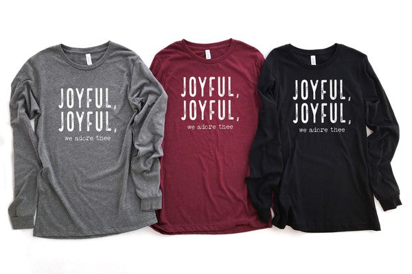 Gray, burgundy, black long-sleeve shirt side by side comparison with 'Joyful, Joyful, we adore thee' text on a white background
