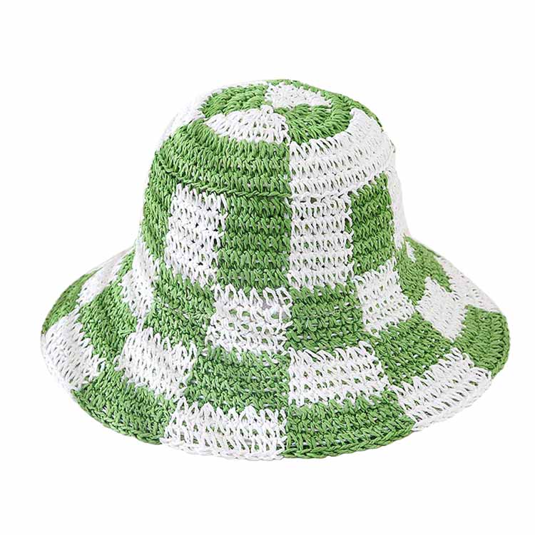 Checkerboard Patterned Straw Bucket Hat