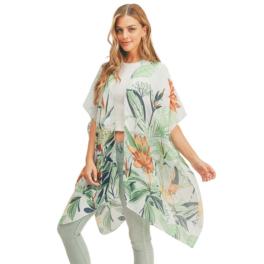 Flower Leaf Print Cover Up Kimono Poncho