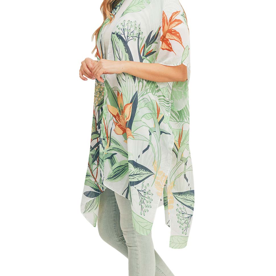 Flower Leaf Print Cover Up Kimono Poncho