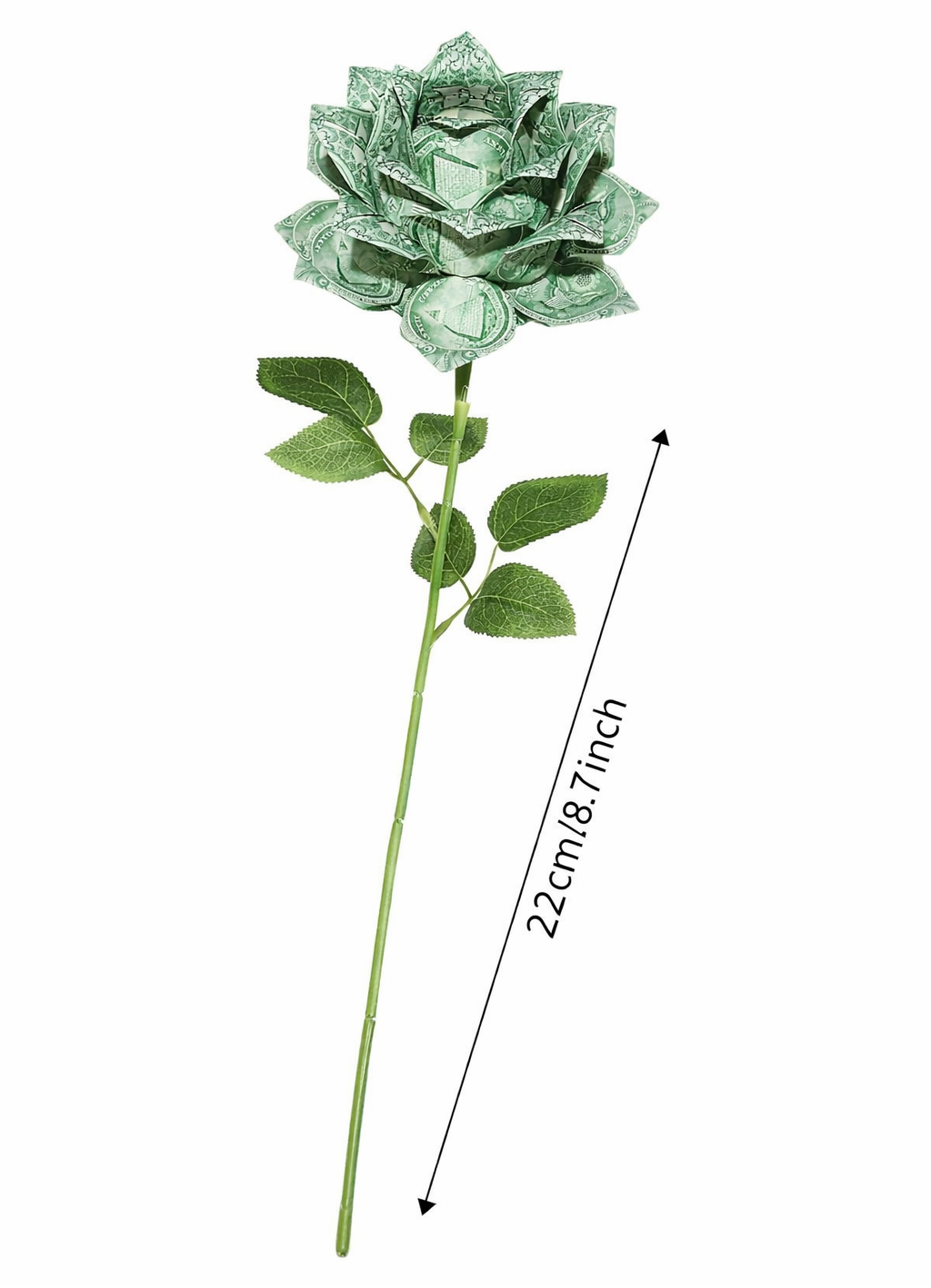 Green artificial rose with measurement details on a white  Origami-style money flower made from dollar bills on a white background Money flower made from dollar bills with a red ribbon 💎 LuxeByMimi — Signature Money Lotus Rose Servicebackground