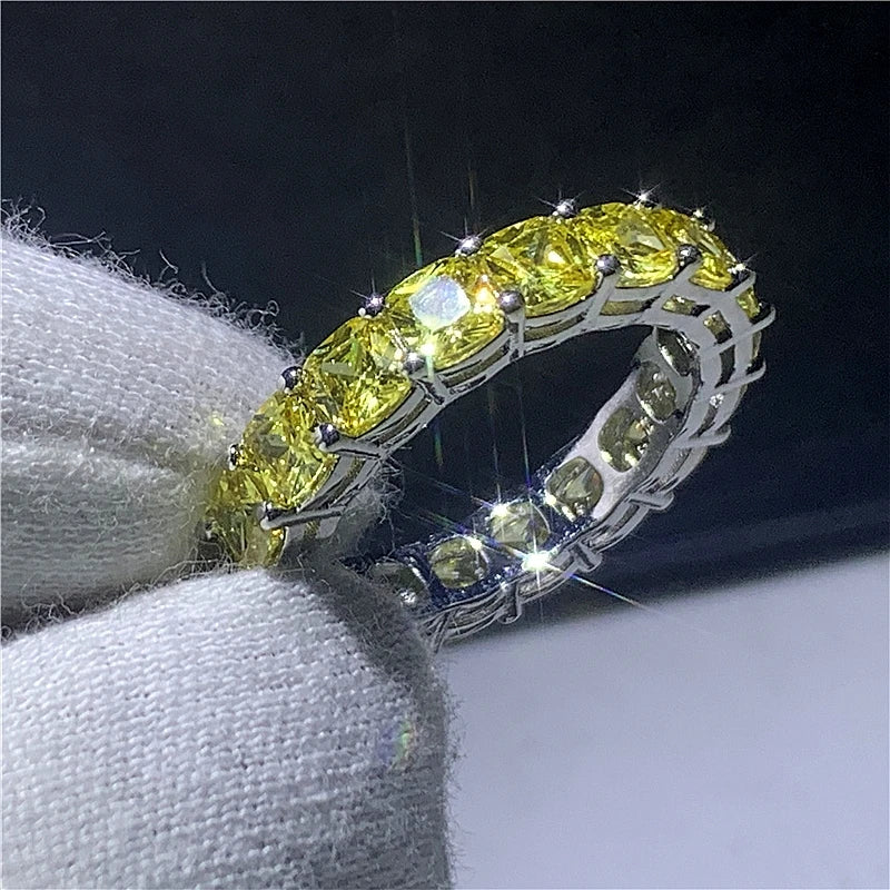 Eternity Cushion cut 4mm Zircon Ring Real 925 sterling silver Engagement Wedding Band Rings for women Bridal Party Jewelry