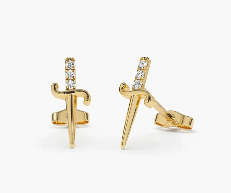 Gold earrings with 'VLOVE' branding on a white background