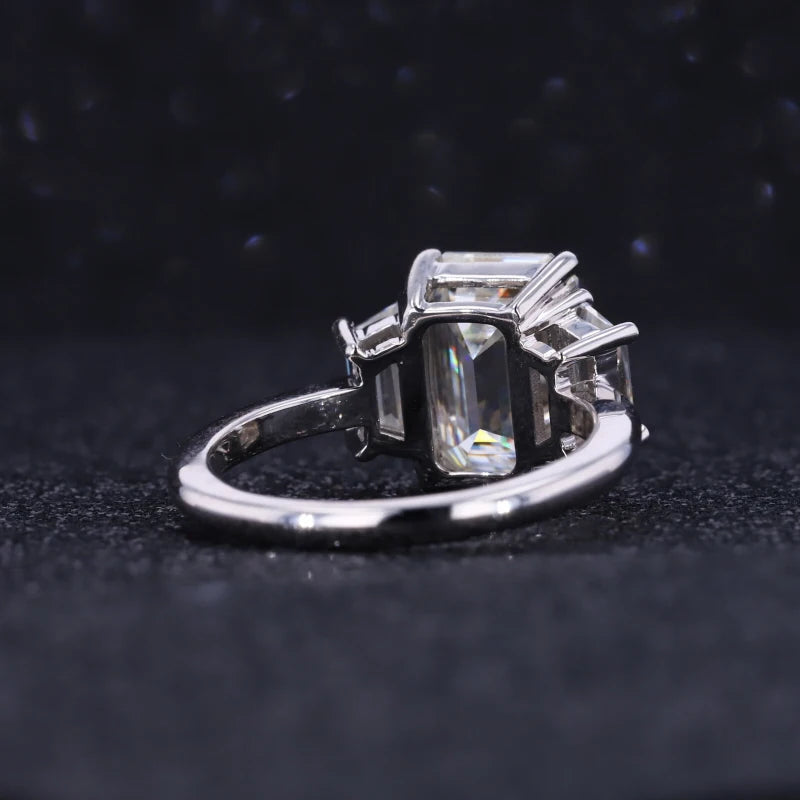 Starsgem Octagon Shape Emerald Cut 3 Stones DEF Moissanite Engagement Solid 14k Gold Wedding Rings