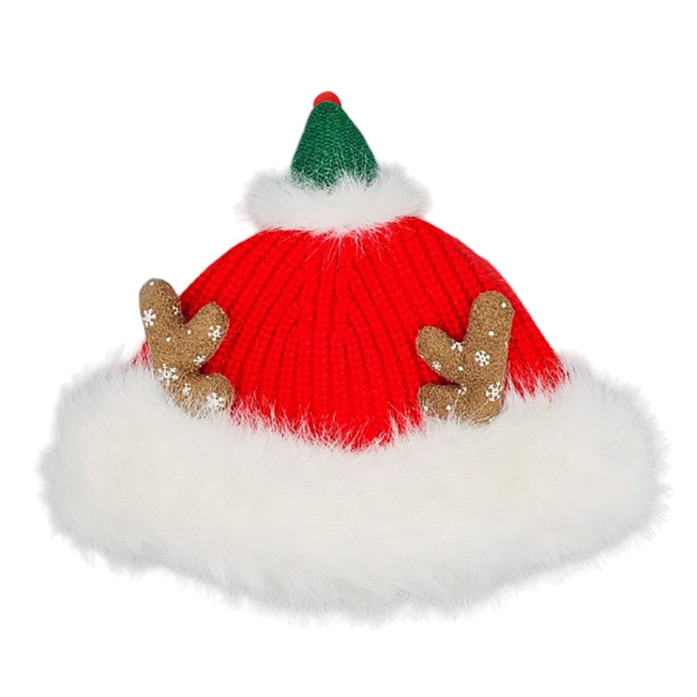 Fuzzy Fur Antlers Accent Christmas Knit Beanie Hat
