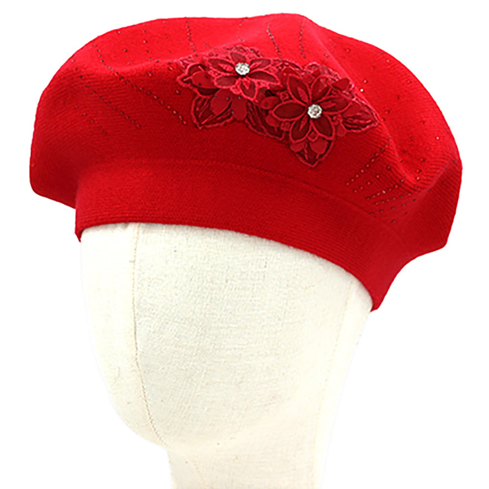 Floral Applique Accent Winter Beret Hat