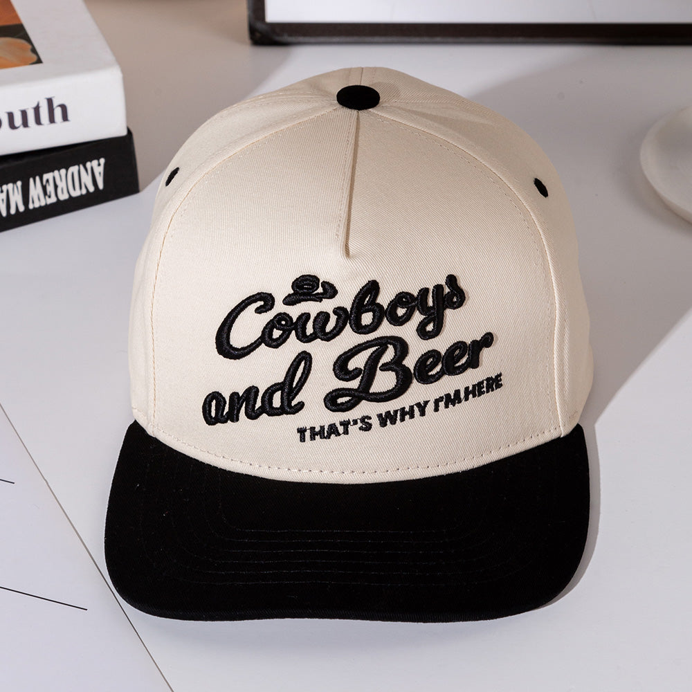 COWBOY AND BEER Message Embroidered Five Panel Canvas Snapback Baseball Cap