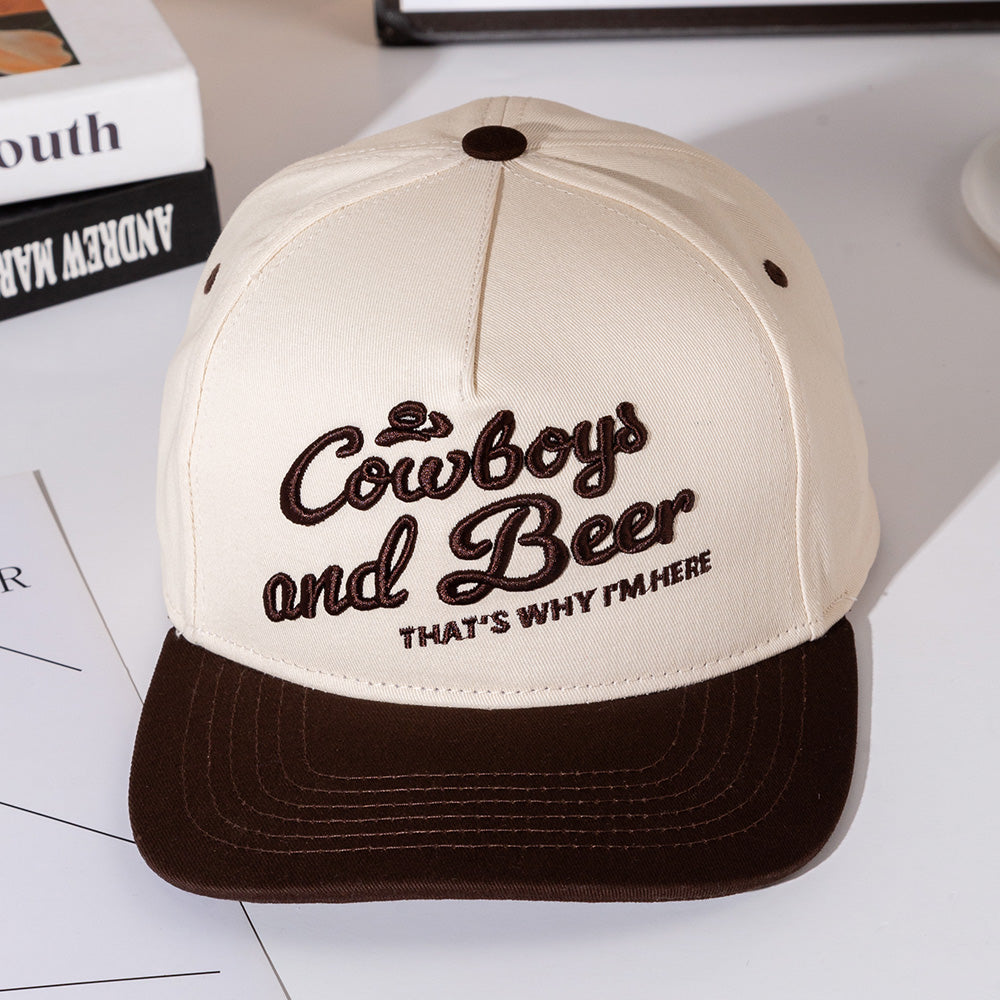 COWBOY AND BEER Message Embroidered Five Panel Canvas Snapback Baseball Cap