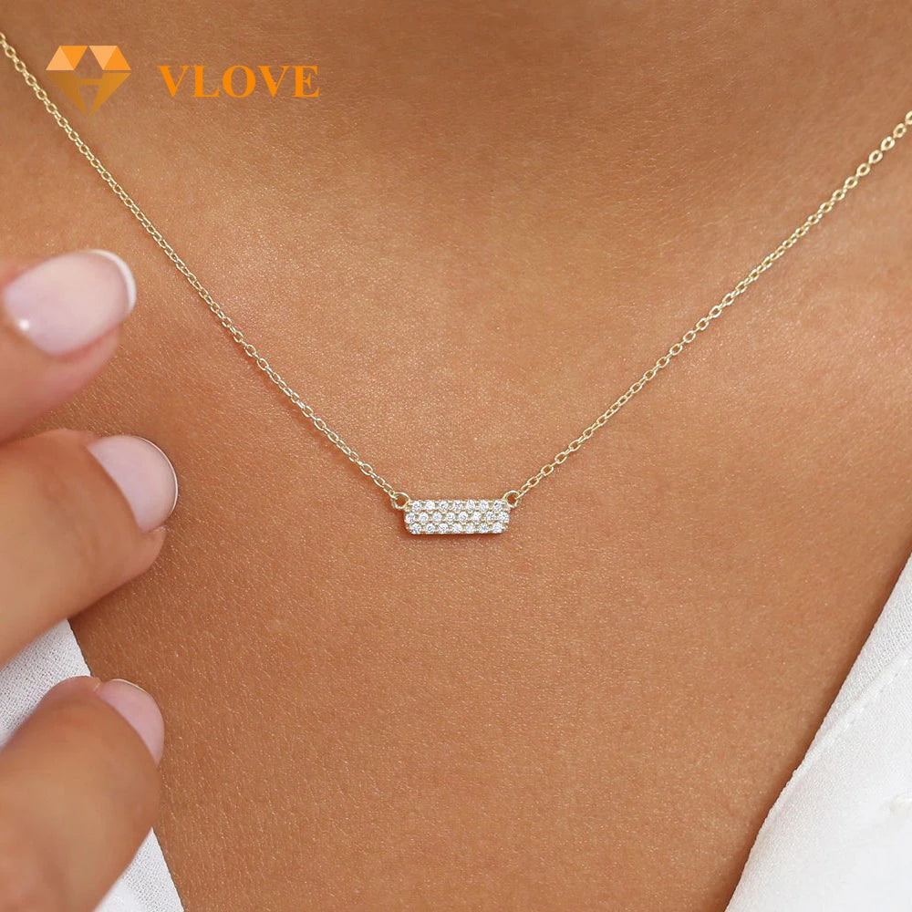 VLOVE Bespoke Jewelry Custom Collar Necklace 14K Gold Micro Pave Real Diamond Bar Necklace