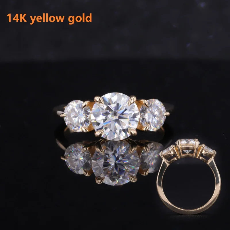 Starsgem Round Moissanite 8mm 5mm 10K 14k Gold Ring Three Stone Moissanite Wedding Engagement Gold Ring