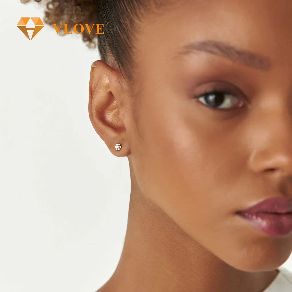 VLOVE High End Jewelry Manufacturer Artisan Petite 14K Gold Stud Earrings Flower Round Diamond Cut Earrings