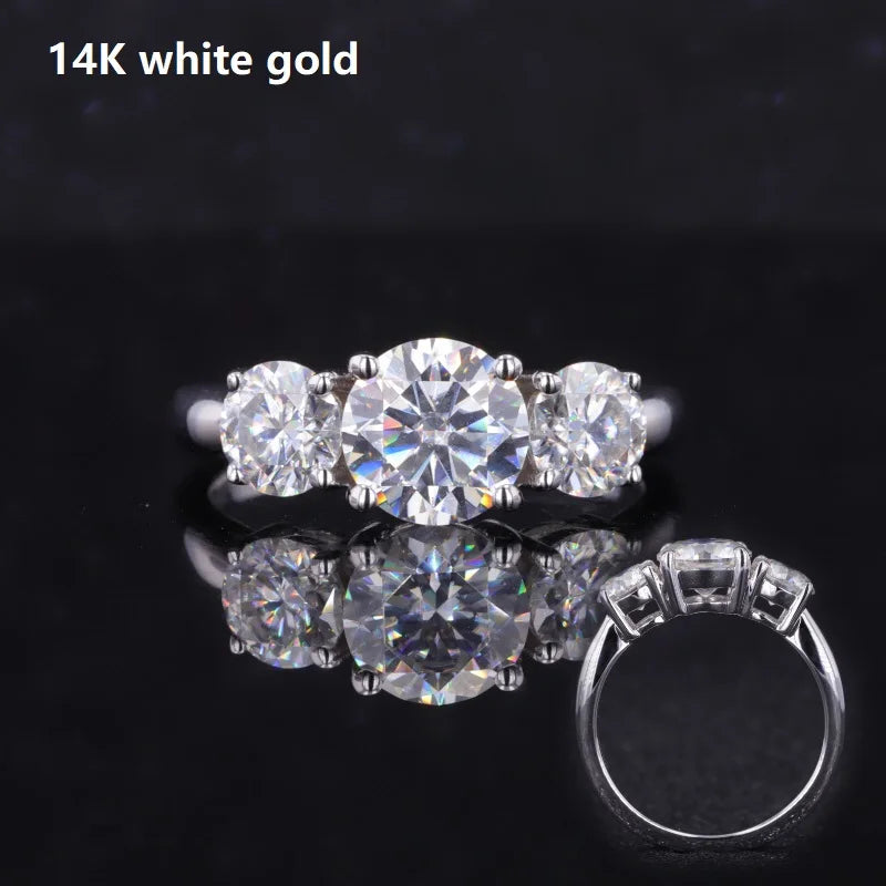 Starsgem Round Moissanite 8mm 5mm 10K 14k Gold Ring Three Stone Moissanite Wedding Engagement Gold Ring