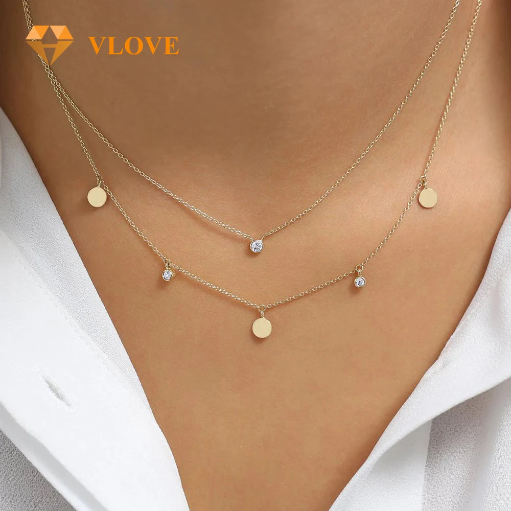 VLOVE Top Selling Jewelry Personalized Necklaces 14K Gold Dangling Diamond Disc Necklace