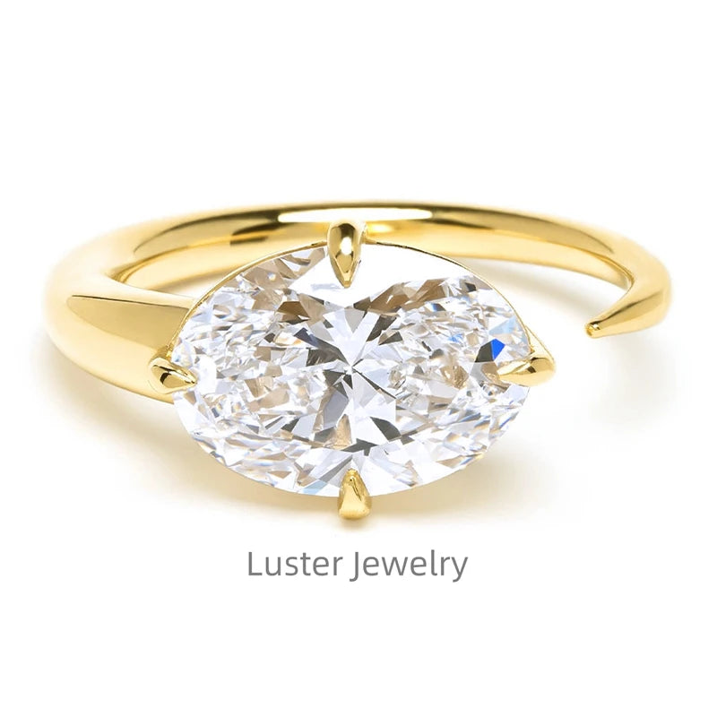 Luster Jewellery Oval Moissanite Open Ring 925 Sterling Silver, 14k Gold Ring for Women