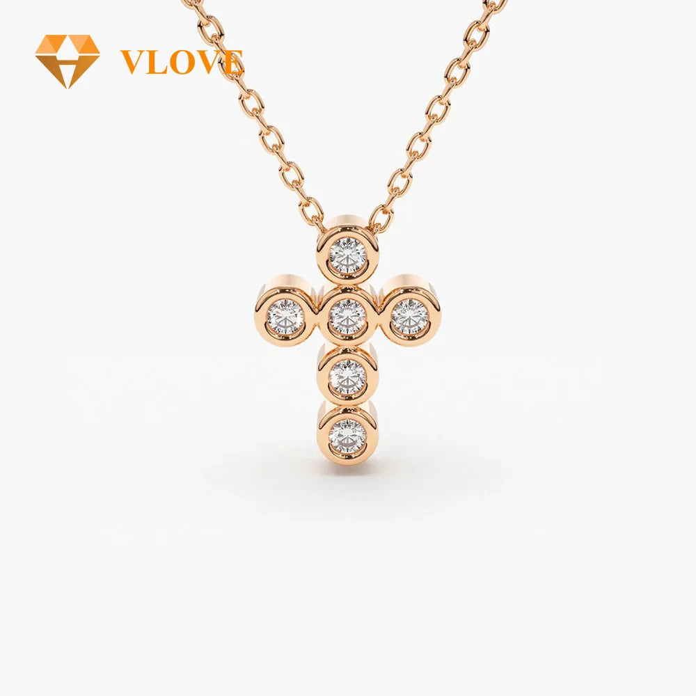 VLOVE Fine Luxury Jewelry Diamond Necklaces 14K Gold 6 Stone Bezel Setting Diamond Cross Necklace